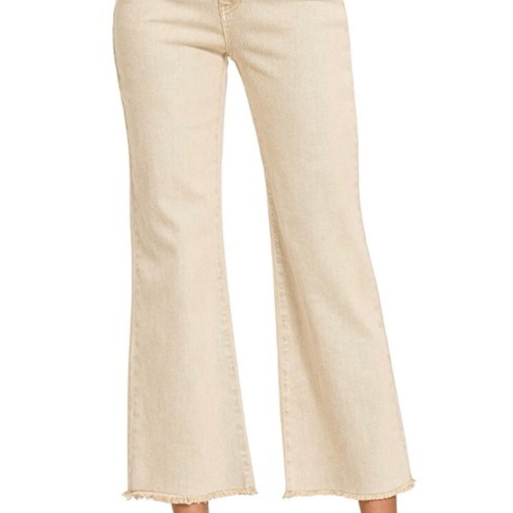 Zenana Sand Beige Acid Washed High Waist Frayed Bootcut Jeans